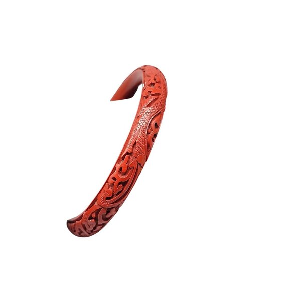 Carved Dragon & Floral Cinnabar Bangle Bracelet Scarlet Red Highly Detailed SZ8 - Picture 6 of 9